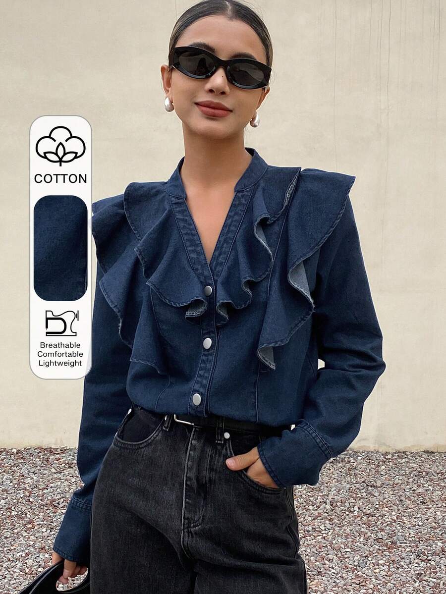 DAZY Women's Casual V-Neck Ruffled Denim Blouse