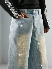 ROMWE MEN 男士带口袋纽扣水钻装饰时尚百搭休闲阔腿牛仔裤 - 中等水洗藍 - 查看 2