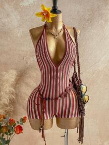 Soleia Mono de punto con cuello en V profundo a rayas para vacaciones de mujer - Multicolor - Ver 3