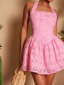 Travachic Women's Hollow Embroidered Romantic Halter Vacation Dress - Baby Pink - View 1