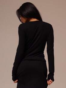 MUSERA ESSENTIALS 修身纽扣长袖圆领针织开衫，单件上衣，春秋冬舒适可爱日常少女居家必备 - 黑色 - 查看 4