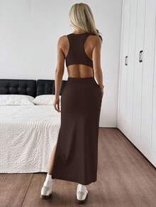 SHEIN EZwear 棕色针织露背紧身无袖连衣裙（女款） - 巧克力棕 - 查看 2