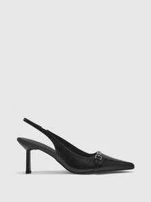 CUCCOO BIZCHIC Black Pointed Toe Metal Buckle Stiletto Heels, Minimalist European & American Style Genuine Leather Backless High Heels, Niche Design Sense Fashion Shoes, Blogger Same Style Office Commute Women's Shoes, High-End Dark Vibe Closed Toe Shoes, Luxurious Metal Decor Pointed Toe Shoes, French Retro Black High Heels Valentine's Day - Black - View 2