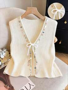 Franclia New Summer Beach Holiday Casual Vacation Bohemian Style Shell Beaded Trim V-Neck French Relaxed Vacation Sweet Element Relaxed Vacation Atmosphere Versatile Cardigan, High-End Design Sense, Elegant Ladies Cardigan - White - View 4