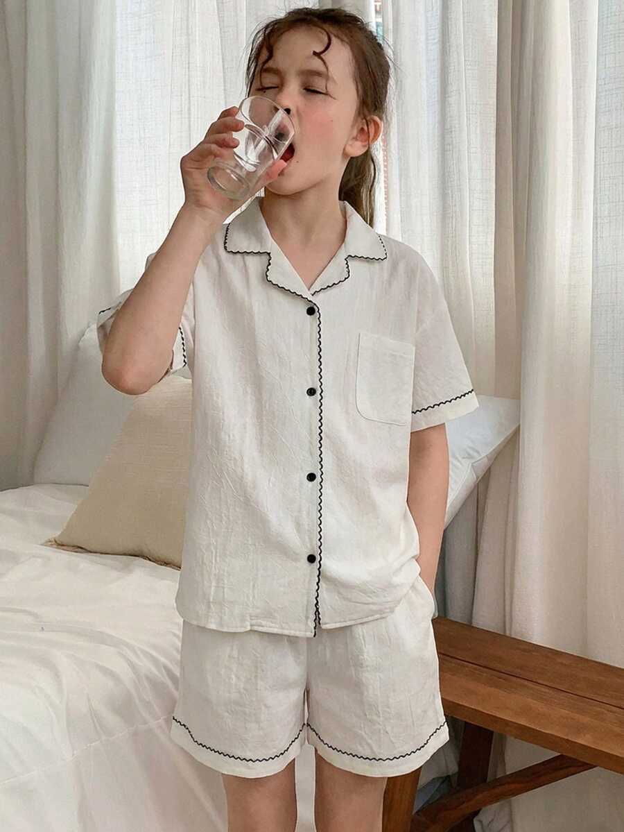 DAZY Tween Girl Contrast Piping Lapel Collar Button-Up Shirt And Shorts Pajama Set, Summer - White - View 1