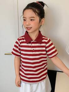 DAZY 女童条纹短袖 Polo 领休闲 T 恤 - 紅色 - 查看 5