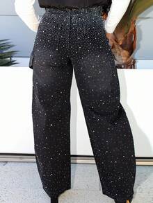 Steph T Women's Fashion Street Style Slant Pocket Loose Black Rhinestone Embellished Jeans - Black - View 2