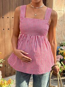 SHEIN Áo bầu không tay kẻ caro buộc dây phía trước, kiểu dáng thường ngày, thích hợp cho mùa hè. - Đỏ - Xem 5