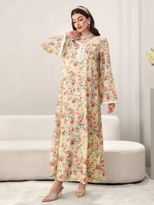 Yasmyna Women's Spring/Summer Woven Digital Print Floral Lace Trim Elegant Arabic Dress - Multicolor - View 7