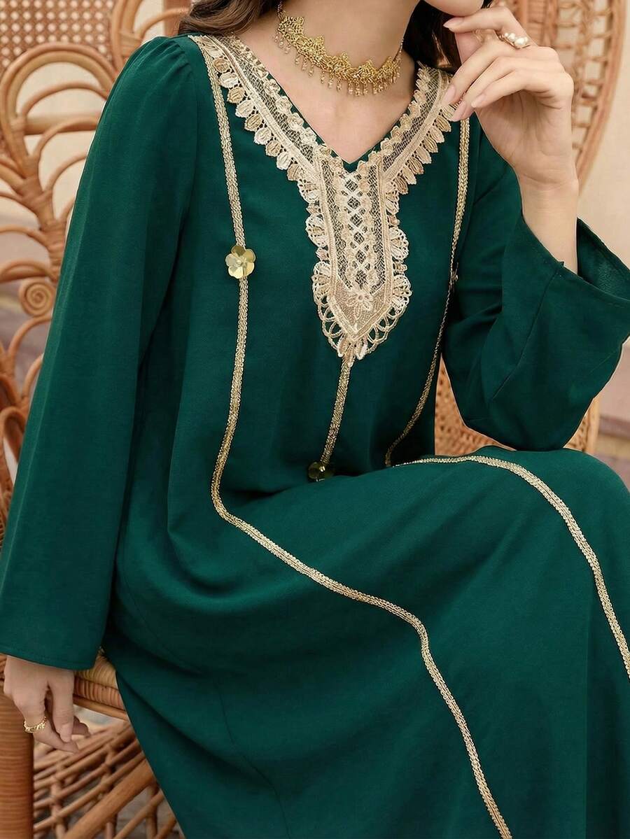 Al Najma Women's Applique Decor V-Neck Puff Sleeve Elegant Arabic Style Dress Arabic Dress For Women Abaya For Women Dubai Dress Modest - Green - View 1