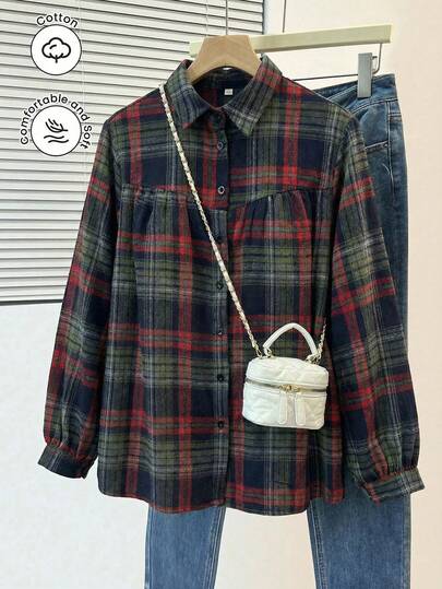 Lacomfia Plus Size Casual Plaid Print Long Sleeve Loose Regular Shirt, Spring/Autumn