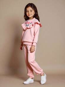 2 件套年轻女孩和幼儿女孩休闲荷叶边刺绣套头衫上衣 + 裤子套装，适合搭配各种夹克、棉质外套，适合日常穿着 - 粉色 - 查看 1