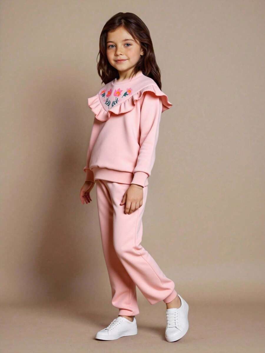 2 件套年轻女孩和幼儿女孩休闲荷叶边刺绣套头衫上衣 + 裤子套装，适合搭配各种夹克、棉质外套，适合日常穿着 - 粉色 - 查看 1