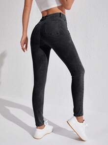 SHEIN SXY 女士休闲日常口袋纽扣牛仔裤 - 黑色 - 查看 2