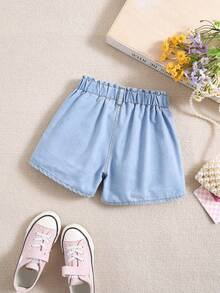 SHEIN Young Girls Summer Washed Denim Shorts, Casual Elastic Waist Loose Fit Wide Leg Lace Trim Blue Jeans Shorts - Blue - View 3