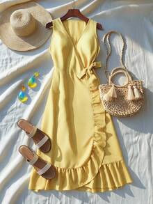 GlowEve Women's 2026 Spring/Summer New Vacation Sleeveless Ruffle Wrap Dress - Pale Yellow - View 1