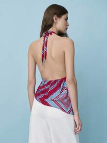 Nöista Geometric Draped Halter Neckline Top Geometric With Asymmetrical Hem. Spring , Summer, Day Outfit. - Burgundy - View 4