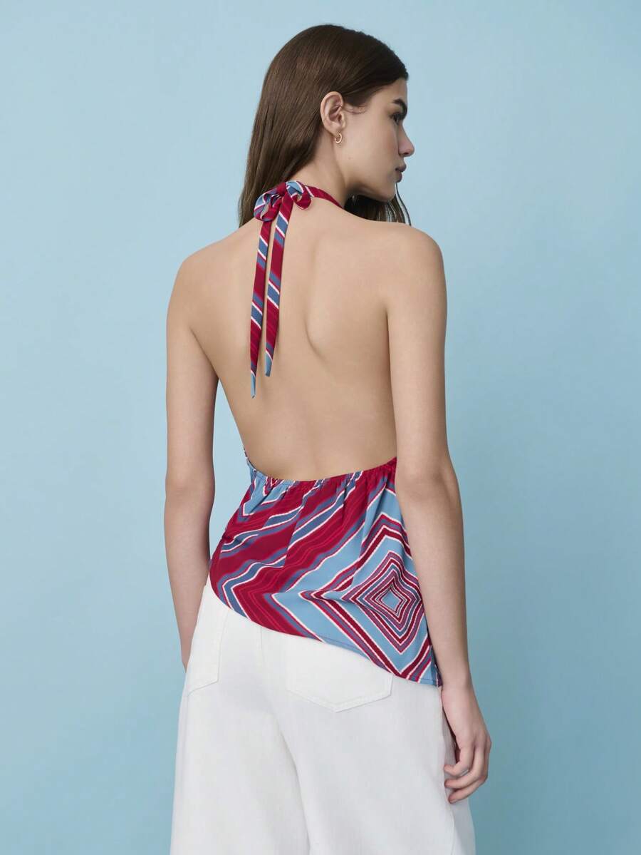 Nöista Geometric Draped Halter Neckline Top Geometric With Asymmetrical Hem. Spring , Summer, Day Outfit. - Burgundy - View 1
