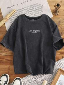 SHEIN CURVE+ 加大码“ENJOY”图案圆领短袖宽松加大码女式 T 恤，夏季休闲套头衫