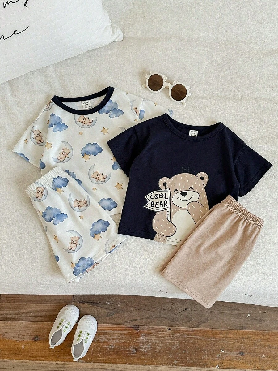 SHEIN 4pcs Set Piyama Bayi Laki-laki/Perempuan Motif Beruang Lucu, Cocok untuk di Rumah, Pakaian Sehari-hari dan Jalan-jalan, Cocok untuk Musim Semi/Panas