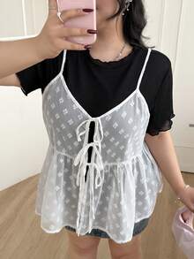 CovetEZ Plus Size Casual T-Shirt & Spaghetti Strap Sheer Textured 2 Pieces Set, Spring/Summer, Summer Outfits See Through Top Babydoll Tops Woman - Black and White - View 5