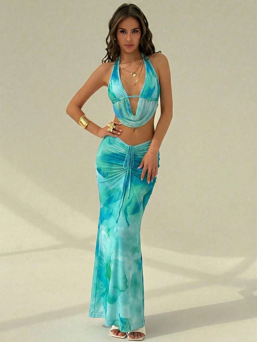 Aloruh Tie-Dye Fashionable Halter Backless Summer Set - Multicolor - View 1