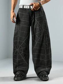 ROMWE MEN Street Life Men's Spider Web Digital Print Buckle Fly Denim Jeans - Black - View 6
