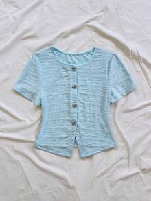 Soleia 女士度假针织红色波浪纹理圆领上衣，饰有精致蝴蝶结、金属纽扣和修身开衩下摆，适合派对、情人节、中国新年、复活节、狂欢节、下午茶等场合，蓝色系，夏季百搭，女士外出上衣 - 淺藍色 - 查看 3