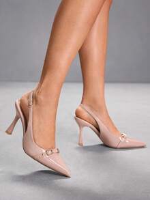 CUCCOO SZL 女士尖头细高跟杏色搭扣露跟高跟鞋，简约时尚性感通勤女鞋 - 鏡面杏 - 查看 7