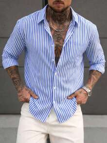Manfinity CasualCool 男士简约蓝白条纹梭织衬衫