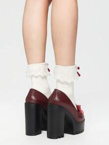 ROMWE Kawaii 女士性感派对及工作场合穿着的厚底粗跟高跟鞋，时尚春秋季鞋款，饰有水钻和蕾丝蝴蝶装饰，闭趾高跟玛丽珍鞋。 - 酒紅色 - 查看 5