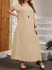 EMERY ROSE Plus Size Women's Casual Vacation Style Solid Color Batwing Short Sleeve Loose Dress - Khaki - View 5