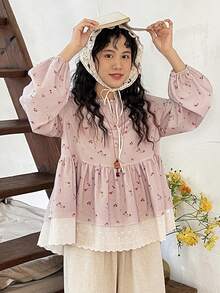 FRIFUL 女士休闲度假风碎花镂空领灯笼袖荷叶边上衣，春秋季 - 卡其色 - 查看 10