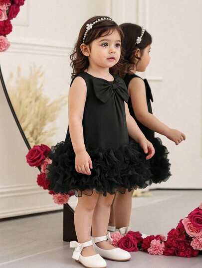 Elladie kids Baby Girls' Elegant Sleeveless Bow Decor Ruffle Mesh Hem Dress, Spring/Summer