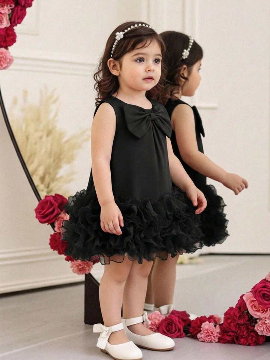 Elladie kids 女婴优雅无袖蝴蝶结装饰荷叶边网纱下摆连衣裙,春夏款 - 黑色 - 查看 1