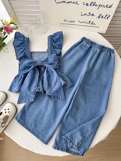 SHEIN 2件套女童浅蓝色牛仔荷叶边上衣和宽松裤子套装