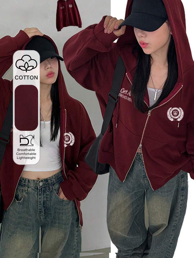 Embroidered American Style Zip-Up Hoodie Jacket Autumn,Fall Women Clothes Sweatshirt Jacket