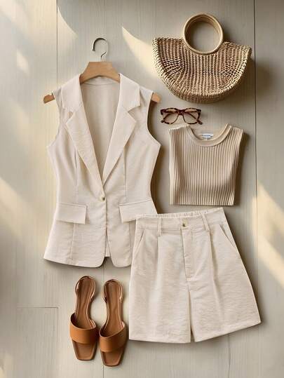 SHEIN Franclia Women's Solid Color Fashionable Casual Versatile Sleeveless Blazer And Shorts Set