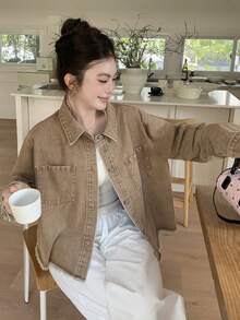 Dazy Plus Vintage Washed Khaki Loose Pocket Turndown Collar Long Sleeve Shirt + Frayed Hem Denim Jacket, Countryside Style, Spring/Autumn - Khaki - View 6