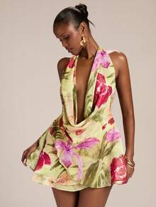 SHEIN BAE Women's Yellow Base Tropical Floral Print Halter Tie Back A-Line Mini Dress, Spring/Summer - Yellow - View 6