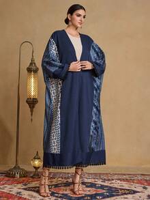 Al Najma Women's Navy Blue Vintage Floral Contrast Lace Trim Long Cardigan Abaya - Multicolor - View 4