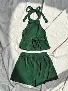 Elamini 2pcs Women Solid Color Textured Sleeveless Top And Shorts Set 2 Piece Short Sets Woman Two Piece Summer Set Women - Dark Green - View 2