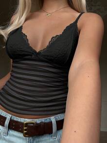 SHEIN ICON Women's Casual Vintage Lace Black Grey Stripe Print Patchwork Ruched Tight Spaghetti Strap Tank Top, Suitable For Summer Outings And All Seasons, Perfect For Music Festivals, Layering, Punk Retro Vint - Multicolor - View 6