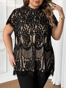 SHEIN CURVE+ 大码优雅蕾丝拼接雪纺衬衫 - 黑色 - 查看 10