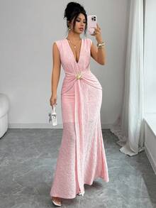 Elenzga 女士优雅复古风修身长连衣裙，粉色针织纹理褶皱金属装饰，春夏款 - 粉色 - 查看 7