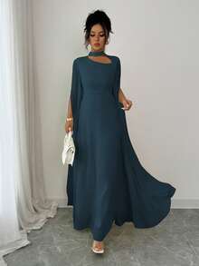 Elenzga 女士优雅法式浪漫度假风沙滩连衣裙，雪纺薄纱面料，镂空领，后背交叉系带，喇叭形长裙，长袖，开衩袖口，适合下午茶、派对、中东风格等场合。 - 水鴨藍 - 查看 4