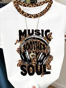 EMERY ROSE Women's Retro Letter, Leopard Print Color Blocked Round Neck Short Sleeved Comfortable T-Shirt, Suitable For Daily Wear - Dark Grey - View 3