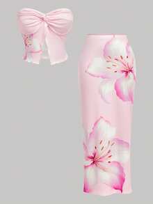 SHEIN MOD 梦幻浪漫粉色碎花无肩带上衣和半身裙套装，扭结设计——适合花园茶会、约会、派对、女士春夏装、春假、度假、野餐、节日、生日等场合。 - 粉色 - 查看 2