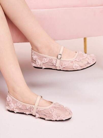CUCCOO DOLLMOD 粉色蕾丝花卉透气玛丽珍平底鞋，舒适通勤女鞋，温柔仙气百搭鞋