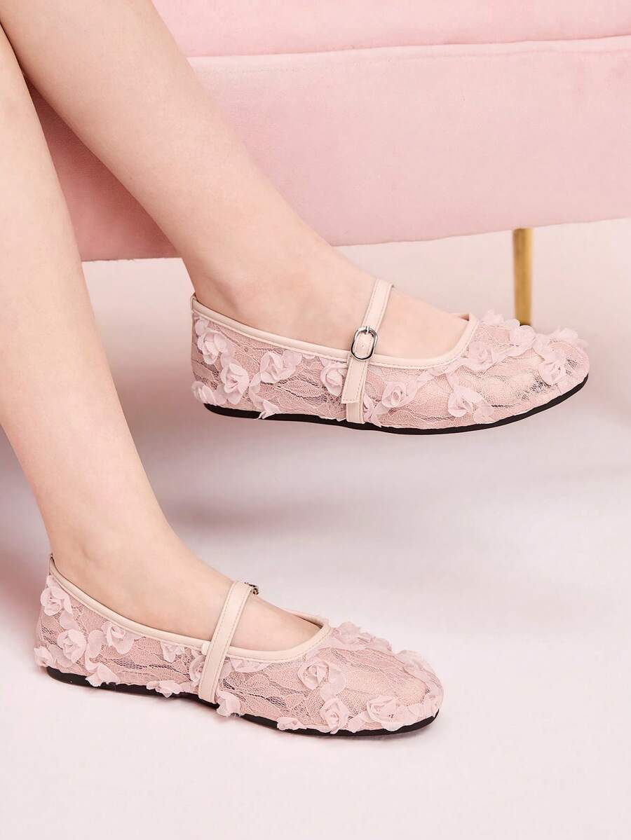 CUCCOO DOLLMOD 粉色蕾丝花卉透气玛丽珍平底鞋，舒适通勤女鞋，温柔仙气百搭鞋 - 粉色 - 查看 1